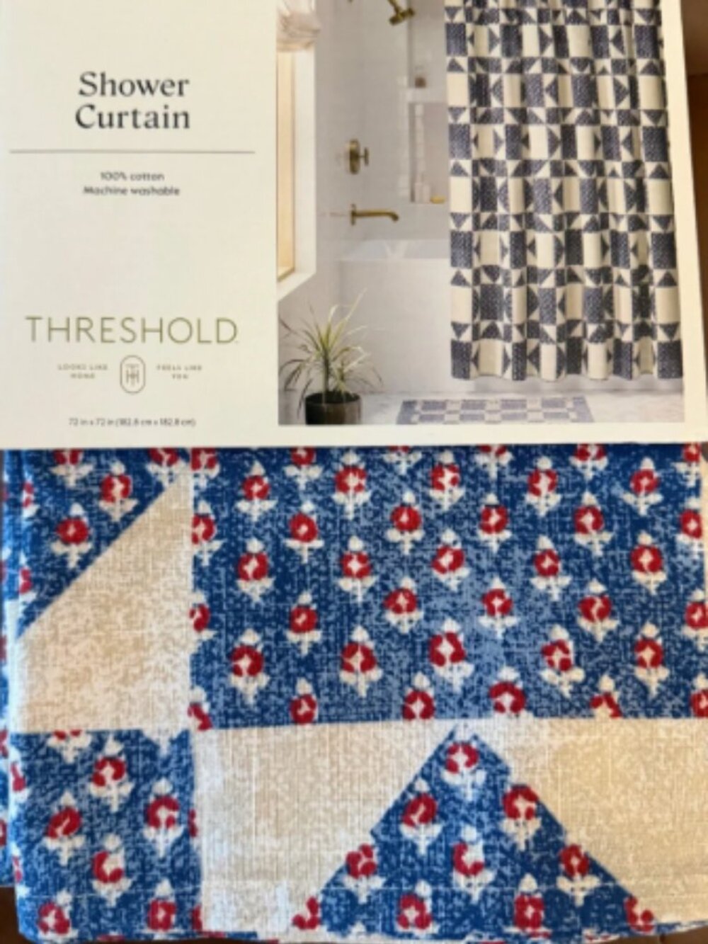 Threshold Shower Curtain – Geometric Floral Patchwork – Blue & Beige 72x72